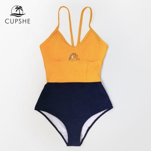 CUPSHE YELLOW & NAVY CUT OUT ONE PIECE SWIMSUIT M - Picture 1 of 4